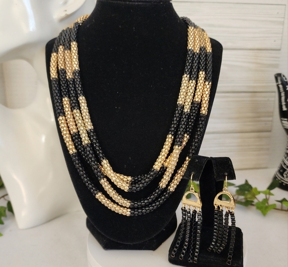 Black and Gold Multi Chain Mesh Necklace And Earrings Set - Picture 1 of 11